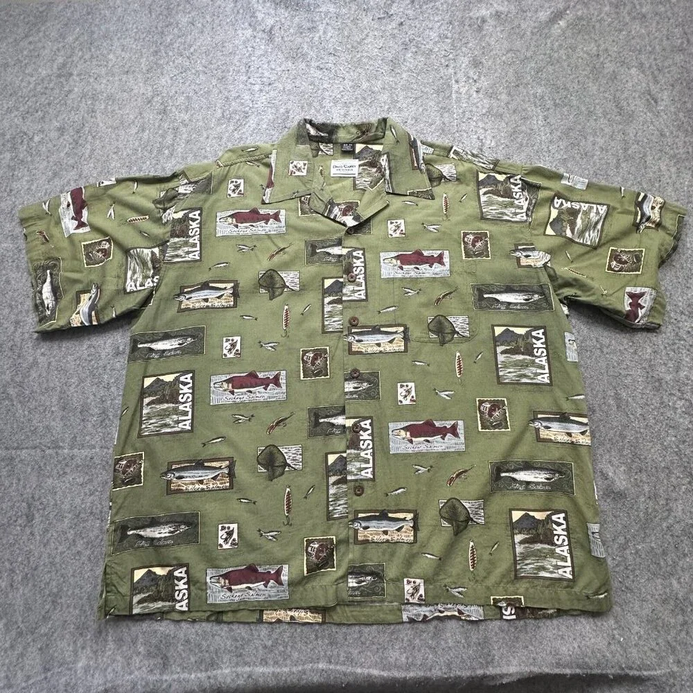 David Carey Camp Shirt Men 2XL Green Alaska Print Fish Graphic Short Sleeve - Picture 2 of 11